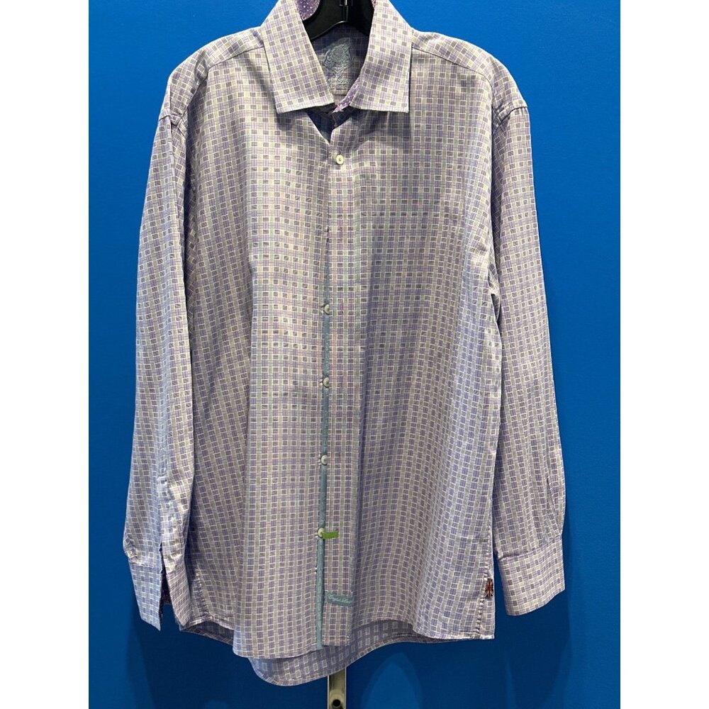 Mens Purple Plaid Long-Sleeve Dress Shirt 17 34/35 With Contrasting Cuffs